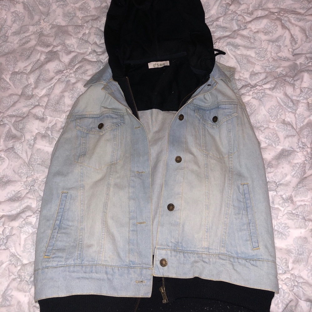 Distressed jean jacket vest with hood